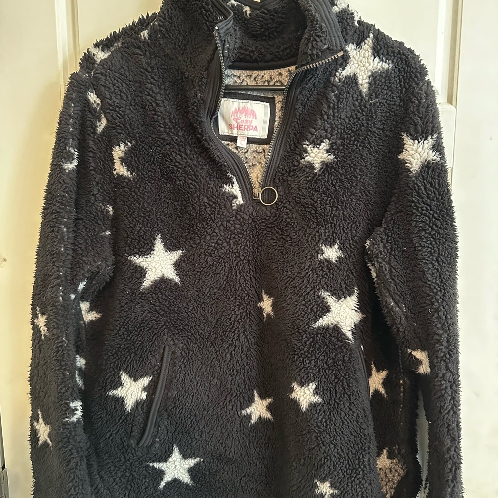 Star Print Fleece Jacket - Black and White